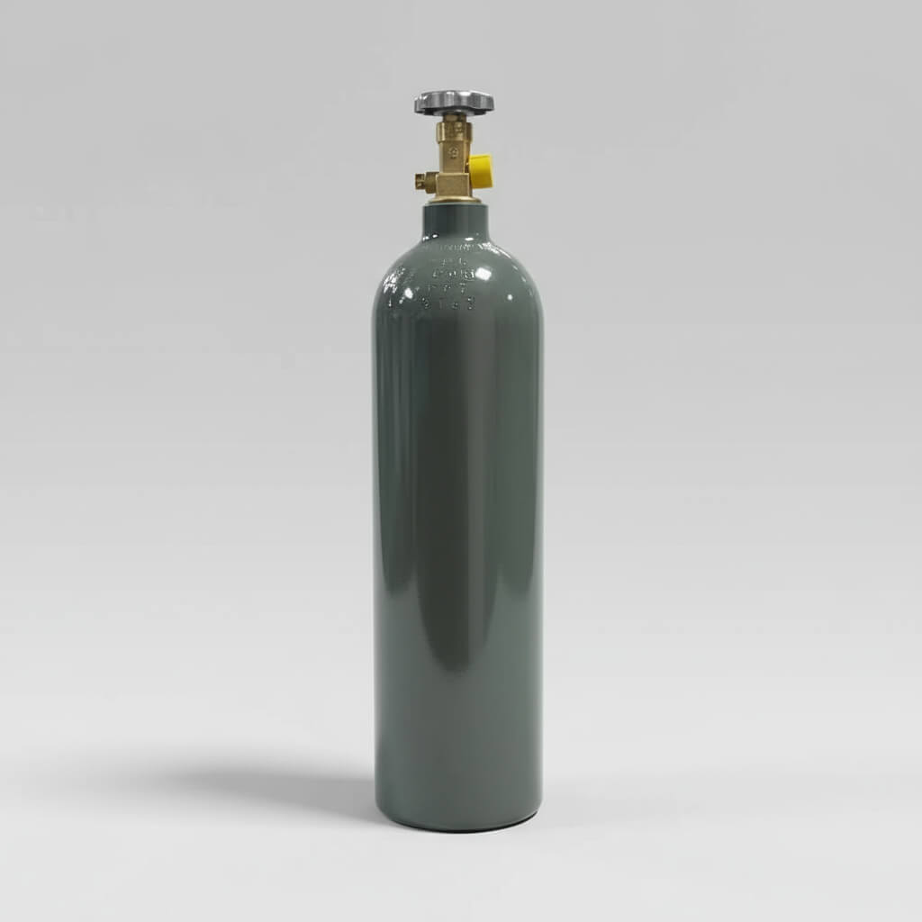 Gray gas cylinder with a valve on a light gray background