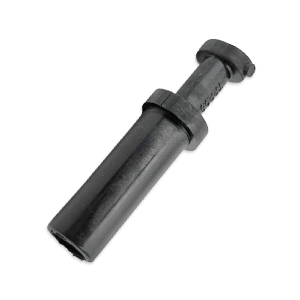 Black cylindrical plastic plug on a white background