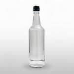 Clear glass bottle with a black cap on a white background
