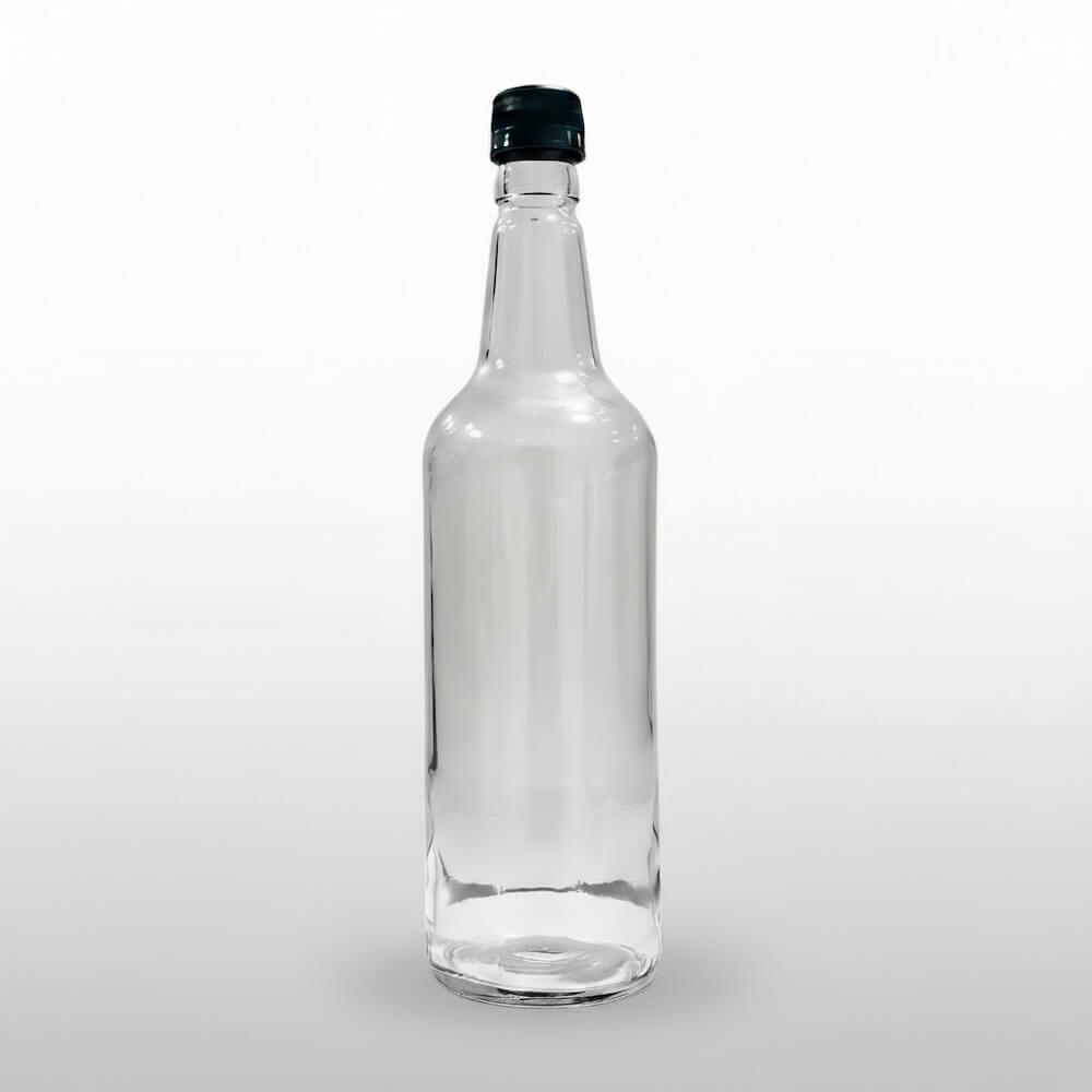 Clear glass bottle with a black cap on a white background