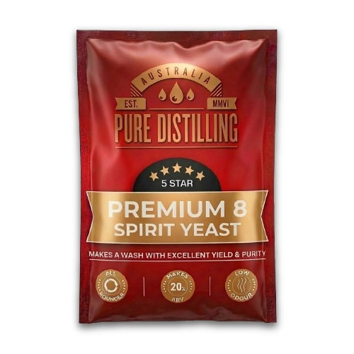 Red and gold package of Australian Pure Distilling Premium 8 Spirit Yeast on a white background